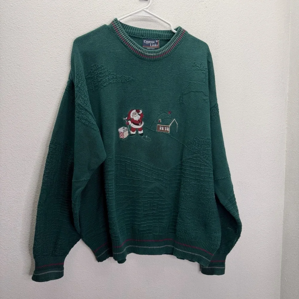 Vintage Christmas Sweater Golf Santa Clause Green Men's XL 90s Granny Grandpa
